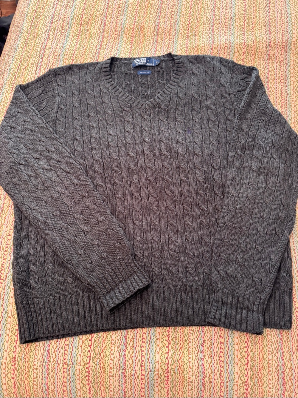 Polo Ralph Lauren Men's XL Gray Cable Knit Cotton V-Neck Sweater